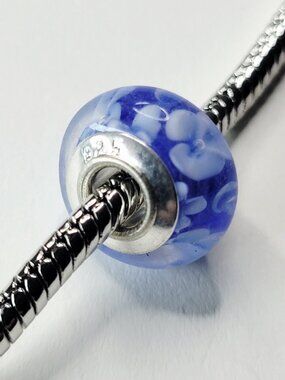 NWT Stunning S925 Blue And White Flowers Murano Glass Charm Bead For Pandora